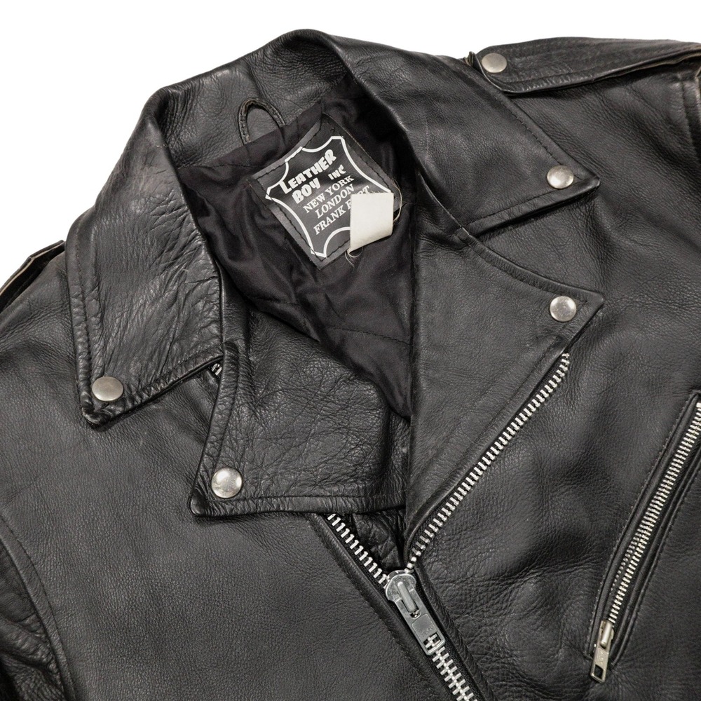 VTG LEATHER BOY INC. Men's Size 42 Black Genuine Leather Belted Zip Biker Jacket